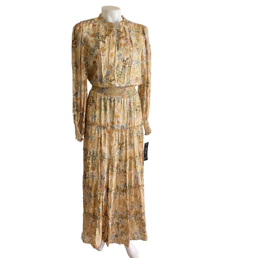 MSK Metallic Gold Floral Tiered Maxi Dress 93467194Q size M NEW - Picture 5 of 14